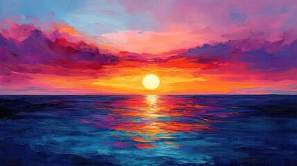 Poster - A painting of a sunset over the ocean with a large sun in the middle