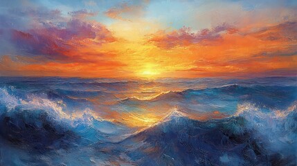 Poster - A painting of a sunset over the ocean with waves crashing in the background