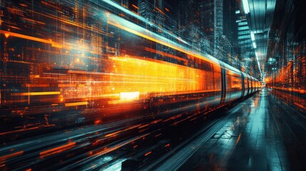 Fototapete - A train is shown in motion with a bright orange stripe