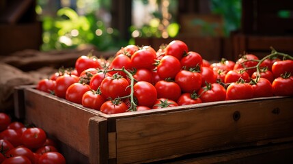 Wall Mural - A wooden crate filled with fresh, ripe red tomatoes, surrounded by greenery and soft natural light, creating a vibrant and inviting atmosphere.