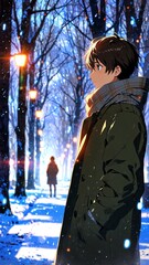 Wall Mural - anime boy in winter coat character illustration cartoon design