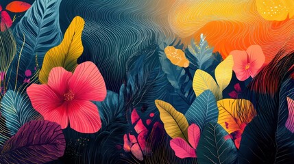 Poster - A colorful painting of a forest with many flowers and leaves