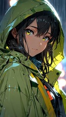 Poster - anime girl in green raincoat character illustration cartoon design