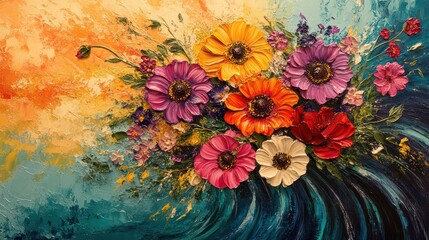 Poster - A painting of a bouquet of flowers with a blue background