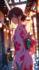 Canvas Print - anime girl in pink kimono character illustration cartoon design