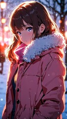 Poster - anime girl in pink winter coat character illustration cartoon design