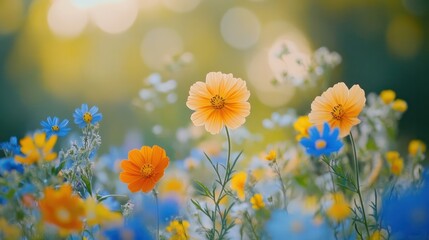 Wall Mural - A field of flowers with a bright orange flower in the middle