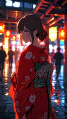 Wall Mural - anime girl in red kimono character illustration cartoon design