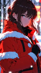 Canvas Print - anime girl in red winter coat character illustration cartoon design