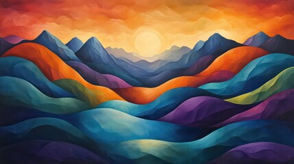 Poster - A painting of mountains with a sun in the sky