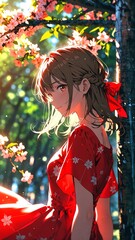 Wall Mural - anime girl in spring red dress character illustration cartoon design