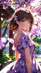 Wall Mural - anime girl in spring purple dress character illustration cartoon design