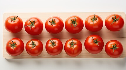 A wooden tray holding twelve ripe red tomatoes, arranged neatly in two rows. The tomatoes have green stems and a shiny surface, showcasing their freshness background.