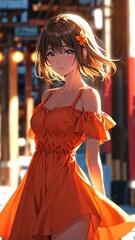 Wall Mural - anime girl in summer orange dress character illustration cartoon design