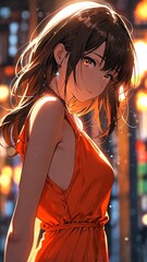 Wall Mural - anime girl in summer orange dress character illustration cartoon design