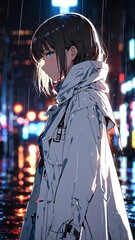 Poster - anime girl in white raincoat character illustration cartoon design