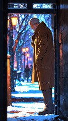 Poster - anime grandfather in brown winter coat character illustration cartoon design