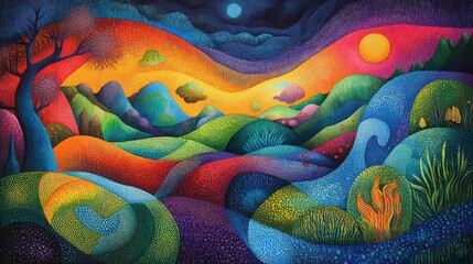 Poster - A colorful painting of a landscape with a sun in the sky