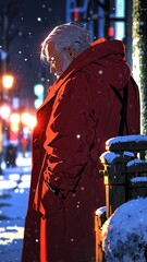 Poster - anime grandfather in red winter coat character illustration cartoon design