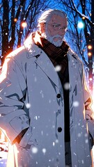 Poster - anime grandfather in white winter coat character illustration cartoon design