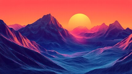 Aufkleber - A mountain range with a large sun in the sky