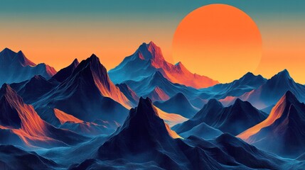 Aufkleber - A mountain range with a large orange sun in the sky