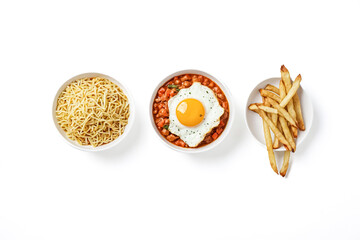 Wall Mural - Fried Egg, Noodles, and French Fries in White Bowls