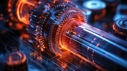 Aufkleber - A mechanical gear is shown in a blue and orange color scheme