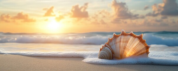 Wall Mural - Seashell on sandy beach at sunrise, calm