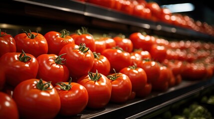 Wall Mural - Fresh, ripe tomatoes arranged neatly on supermarket shelves. The vibrant red color of the tomatoes contrasts with the dark background, showcasing their freshness and appeal.