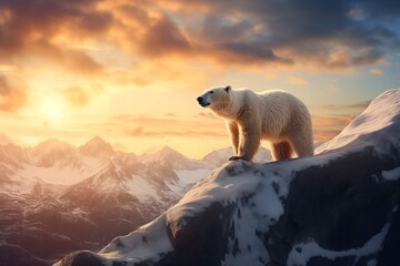 Wall Mural - a polar bear stands on a snowy ledge with the sun behind him