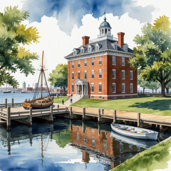 Poster - Watercolor illustration of the Frederick Douglass-Isaac Myers Maritime Park in Baltimore, Maryland. Capture the maritime heritage and historic significance of this unique park,