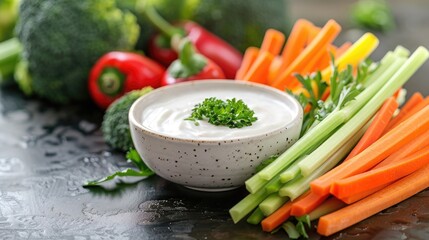 Fresh vegetable sticks with dip in bowl. Healthy snack with carrot, celery, broccoli, and parsley on dark background.