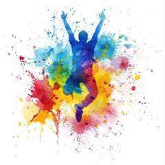 A vibrant watercolor illustration of a person jumping with arms raised, surrounded by splashes of bright colors creating a dynamic and joyful scene on a white background.