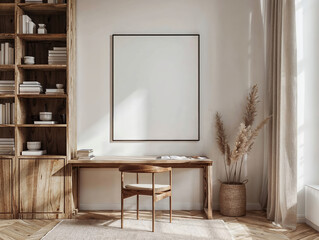 Aufkleber - Minimalistic home office with wooden desk, chair, and empty frame on the wall. Bookshelf and natural decor in modern interior design. Scandinavian style.