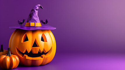 Wall Mural - 3D style Halloween pumpkin ghost on purple background