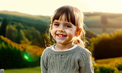 Wall Mural - Medium shot portrait video of a grinning child female that is wearing a chic cardigan against a picturesque vine-covered cottage in the countryside background