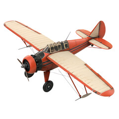 Vintage airplane model with orange and cream colors, showcasing classic aviation design and intricate details. transparent background