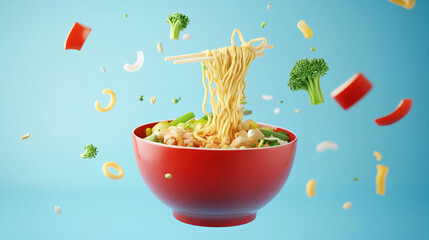 Wall Mural - Ramen bowl with noodles and vegetables spread around in 3d cartoon style blue background. Wallpaper background photo for advertisement, blank space for copy space..