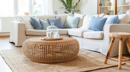 Modern living room with cozy sofa, rattan coffee table, cushions, and indoor plants in bright, airy setting.