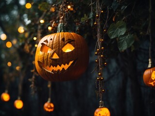 Wall Mural - Scary pumpkin Halloween face hanging on a tree