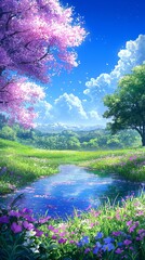 Wall Mural - A beautiful cartoon style illustration of a landscape with pond, trees, and mountains. 