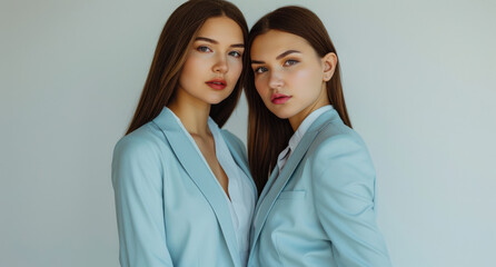 Wall Mural - Two stunningly beautiful young female twins in light blue suits, posing for the camera against an all white background