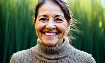 Wall Mural - Close-up portrait video of a grinning woman in her 50s that is wearing a chic cardigan against a bamboo forest background