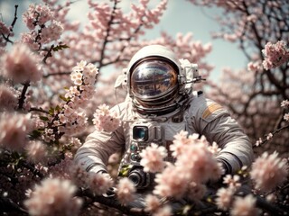 Poster - astronaut in Spring blossom background.