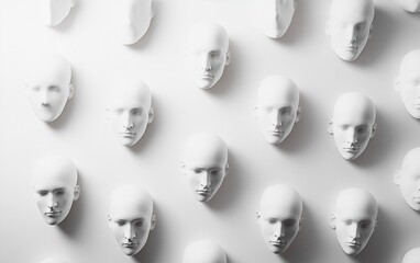 Poster - Monochromatic Aerial View of Symmetrical White Mannequin Heads in Geometric Pattern