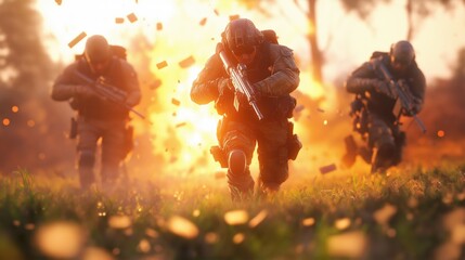 Elite special forces in tactical assault maneuvering through explosive battlefield during golden hour.