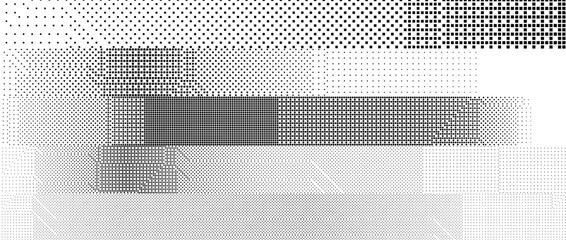 Poster - Bitmap pixelated striped pattern. Black and white halftone grunge texture. Glitch noise stripe overlay. Dotted gradient wallpaper for banner, poster, flyer, print, brochure. Vector dither background
