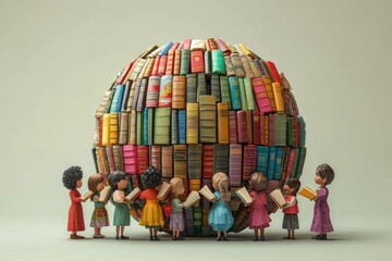 Wall Mural - A 3D rendering of a globe made entirely of books, with each book representing a different culture. The globe is surrounded by children holding smaller books, symbolizing the global reach of literacy.