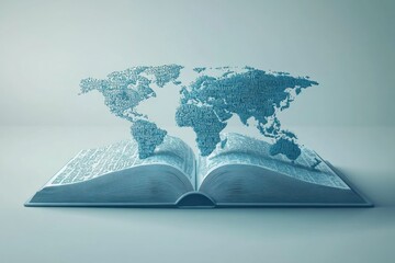 Wall Mural - A 3D illustration of a large book with pages turning into a digital map of the world. The map is made of letters and symbols, representing the spread of literacy across the globe. The background is